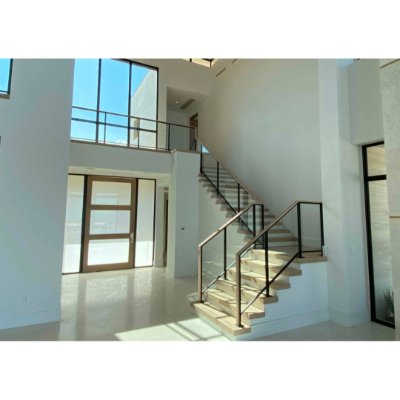 Entry-Glass-Stair-with-Steel-Posts-Keuka-Studios (1) Frameless Glass Railing